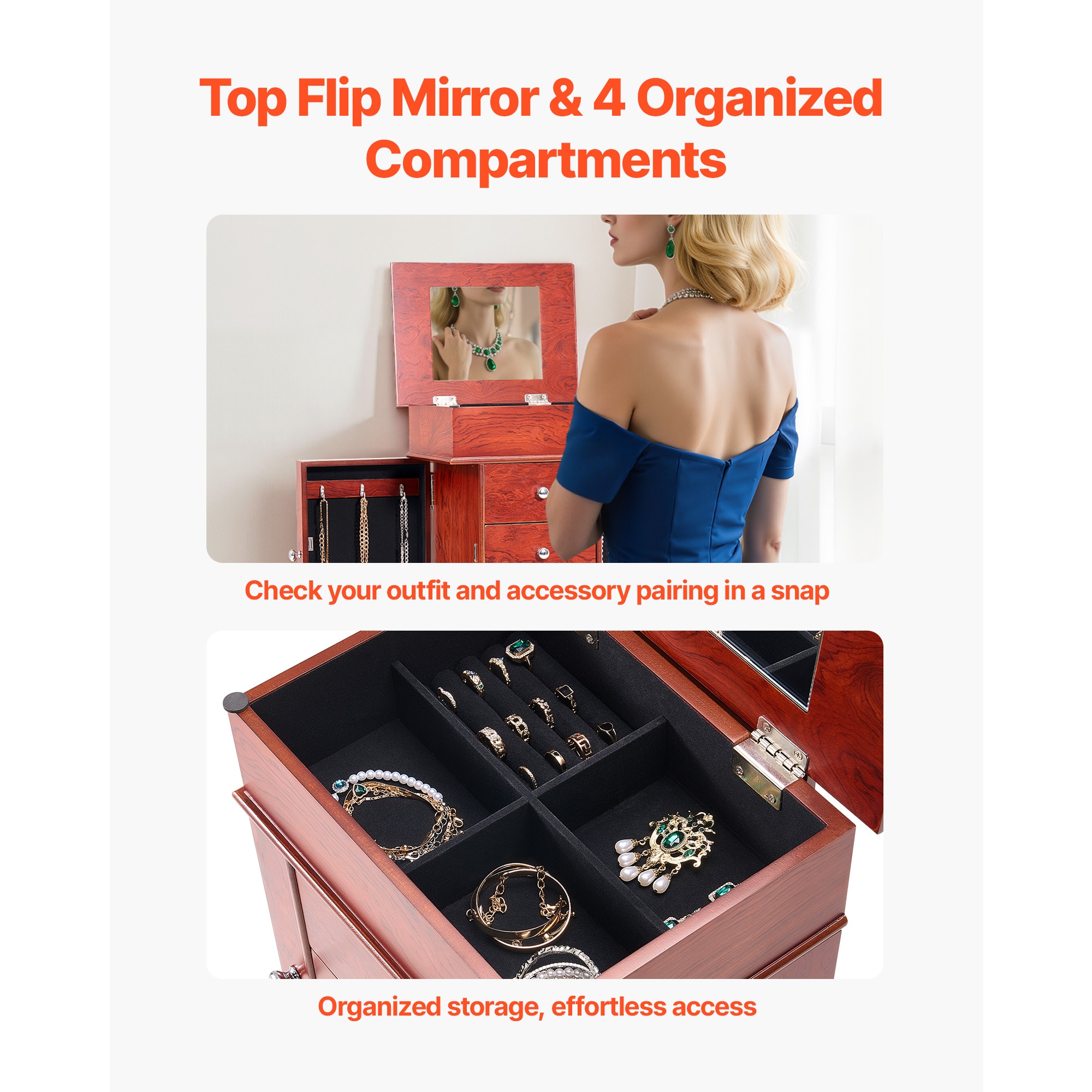 Jewelry Cabinet Armoire Standing Jewelry Storage Chest With 3 Drawers & Mirror_maomaolike.com
